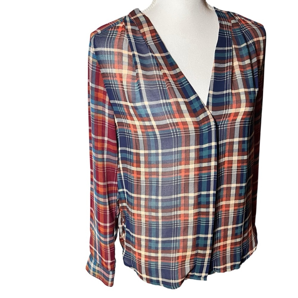 Anthropologie Maeve Sheer Plaid Printed Long Sleeve Blouse V-neck Size Small EUC - Picture 10 of 15